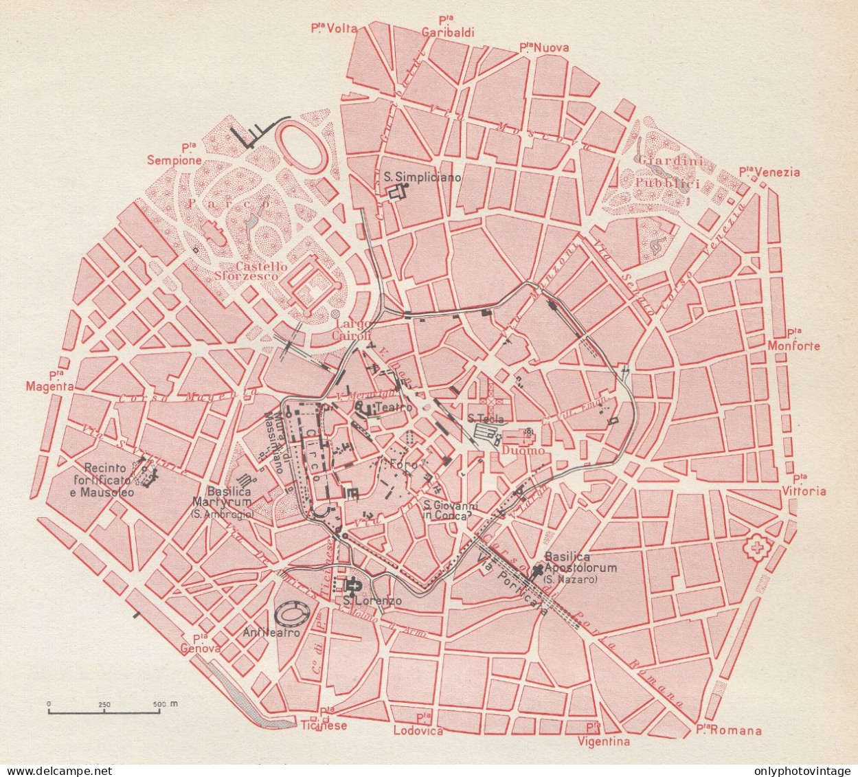 Milano Romana Con Cinta Mura Di Massimiano, Mappa Epoca, Vintage Map - Carte Geographique