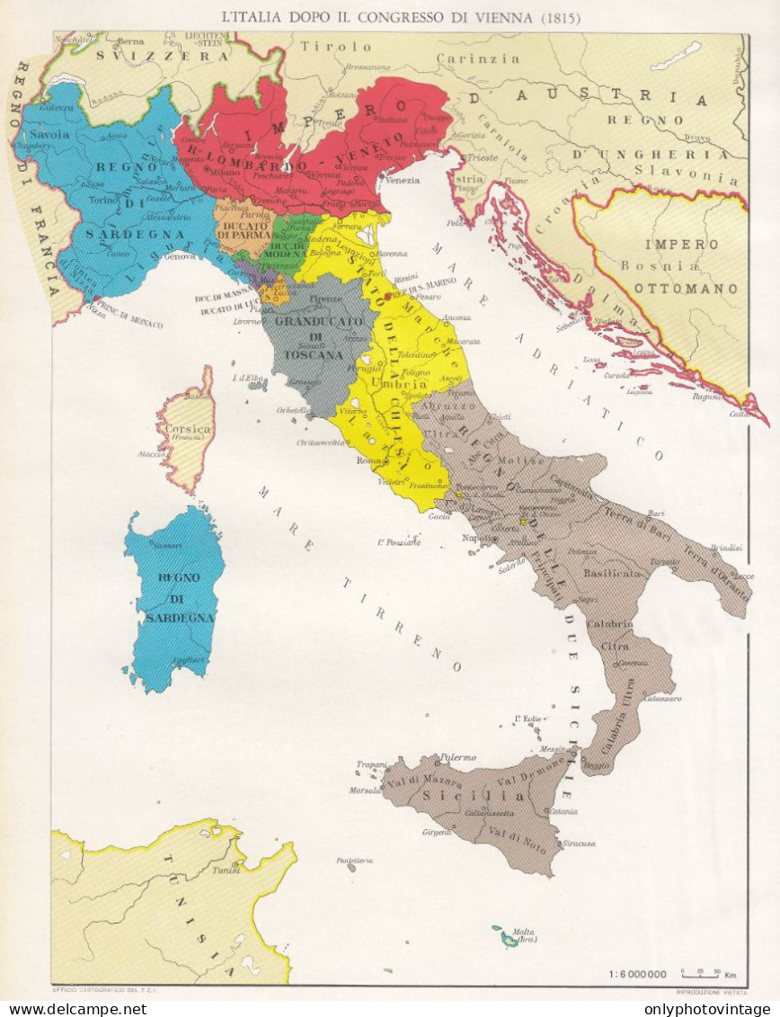 Italia Dopo Il Congresso Di Vienna, Mappa Epoca, Vintage Map - Carte Geographique