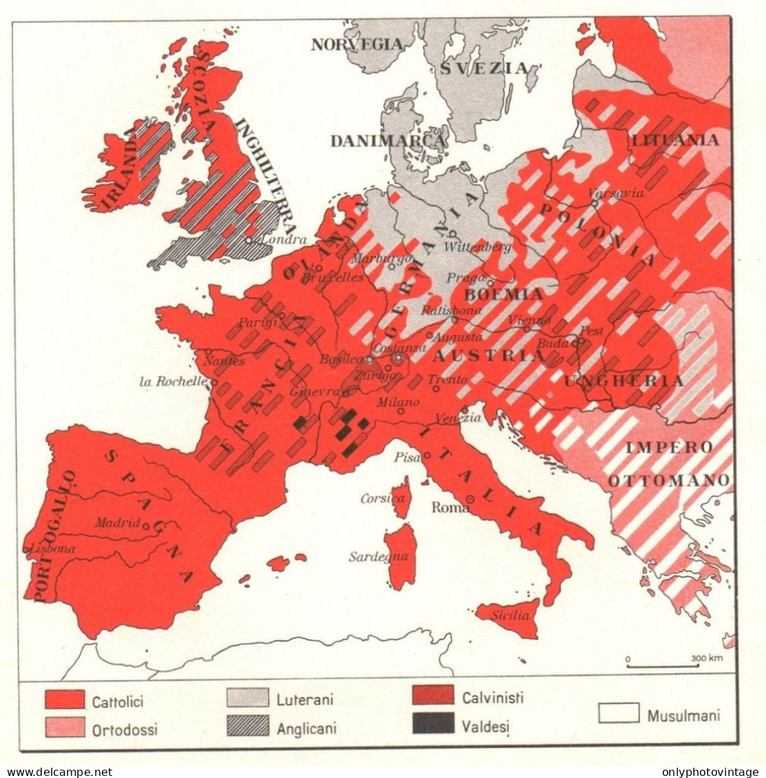 Diffusione Religioni In Europa Nel Secolo XVI, Mappa Epoca, Vintage Map - Carte Geographique