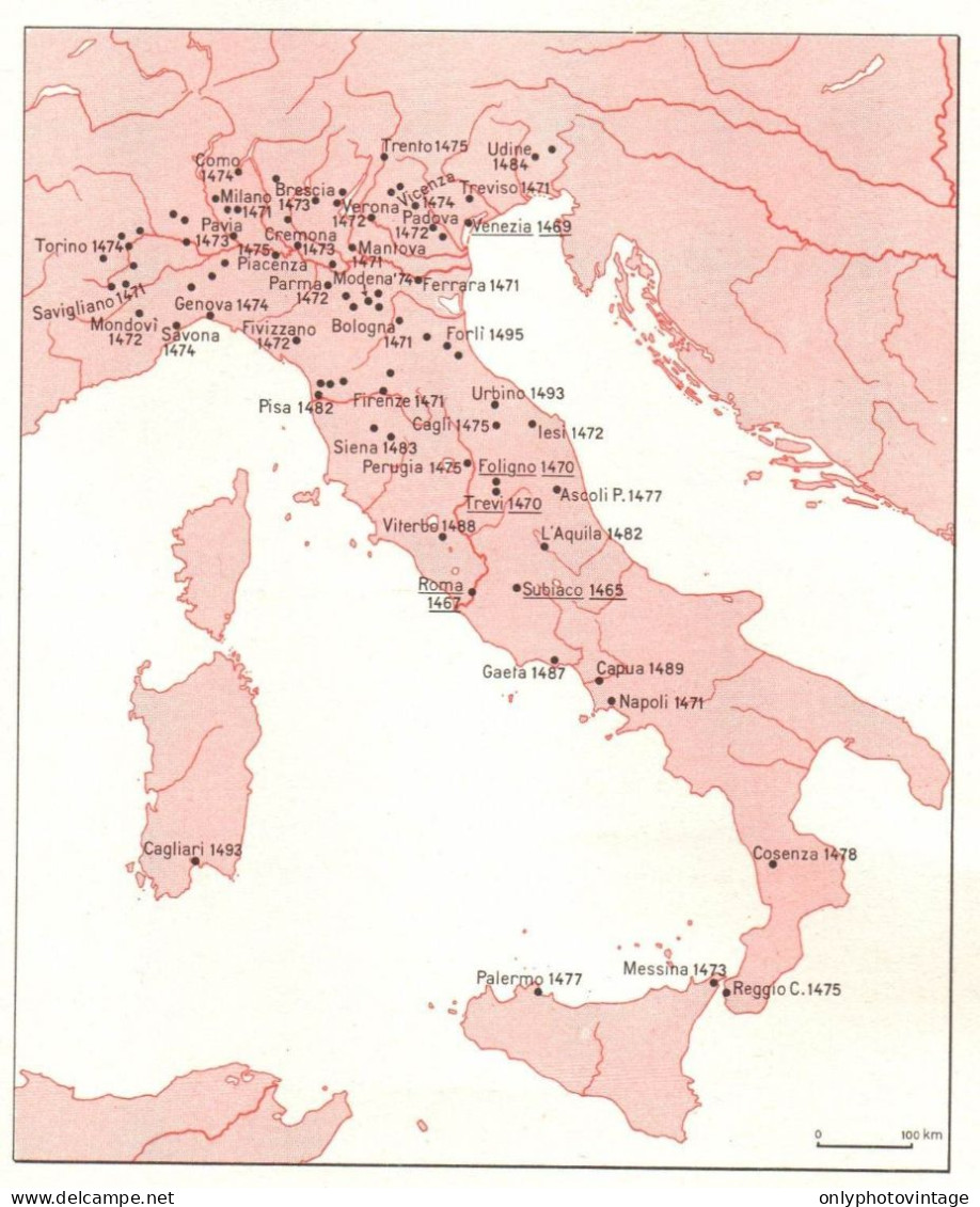 Italia, Più Importanti Stamperie Del 1400, Mappa Epoca, Vintage Map - Carte Geographique