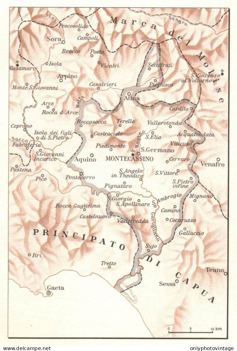 Italia, Territorio Abbazia Di Montecassino, Mappa Epoca, Vintage Map - Carte Geographique