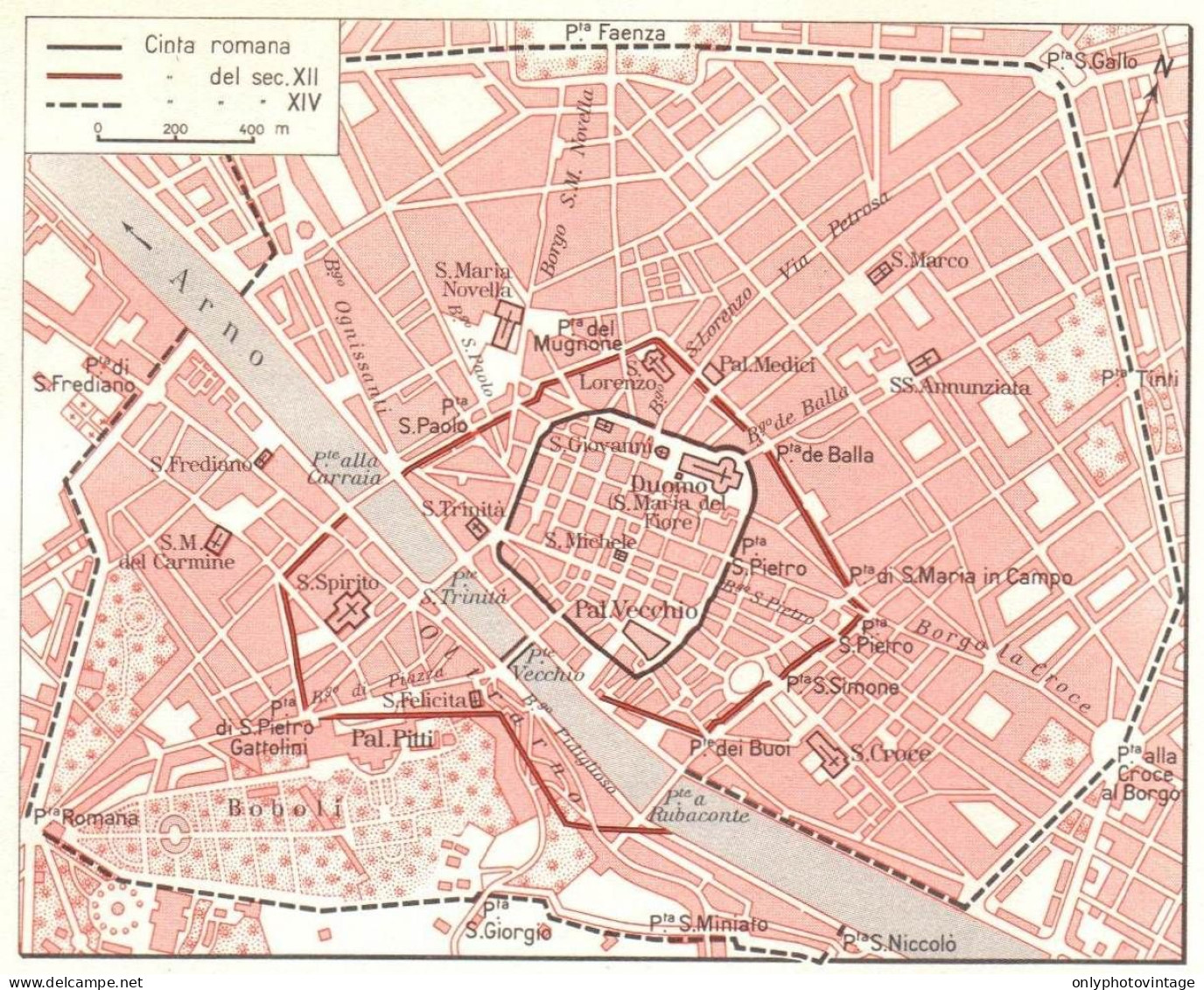 Italia, Firenze Romana E Medioevale, Mappa Epoca, Vintage Map - Carte Geographique