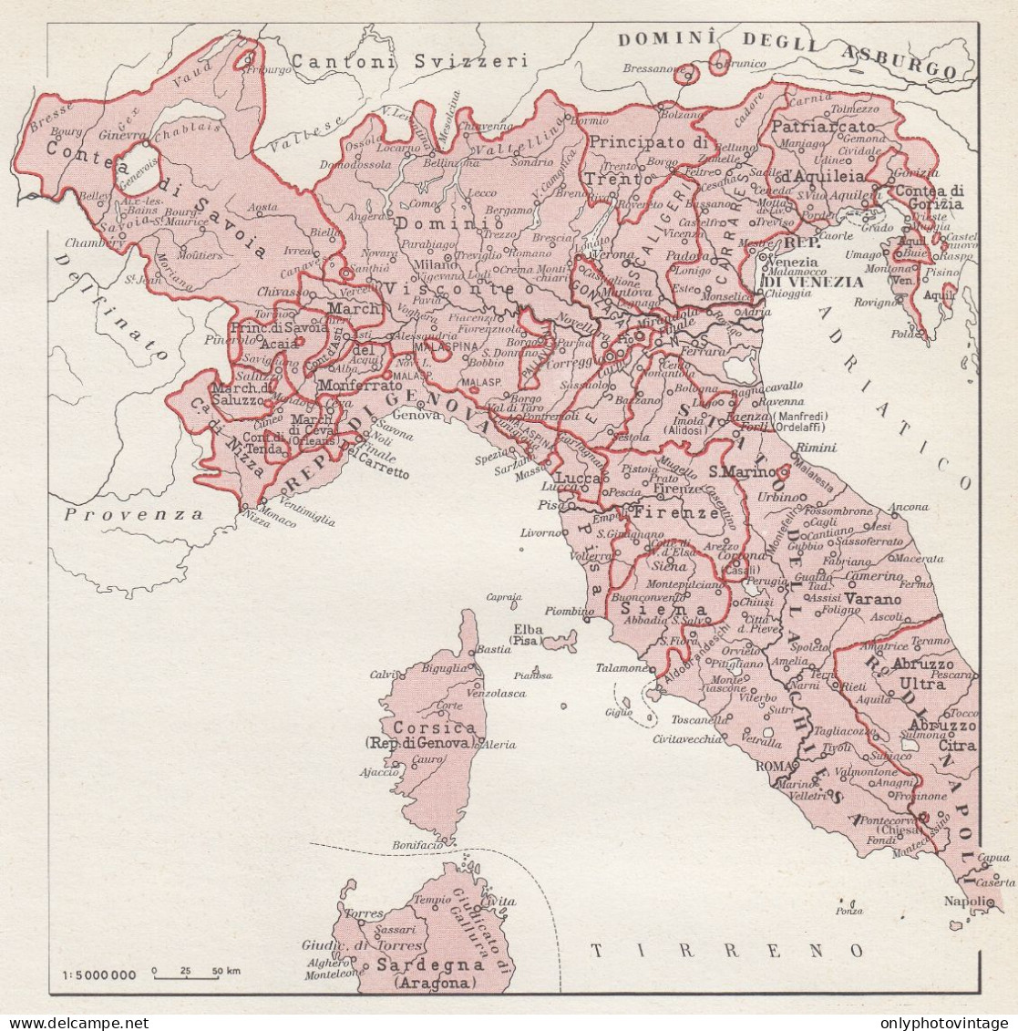 Italia Centro-Settentrionale Nel Secolo XIV, Mappa Epoca Vintage Map - Carte Geographique