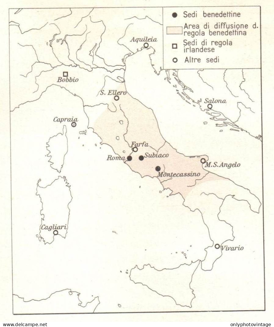 Italia, Principali Monasteri Nei Secoli VI E VII, Mappa Epoca, Vintage Map - Carte Geographique