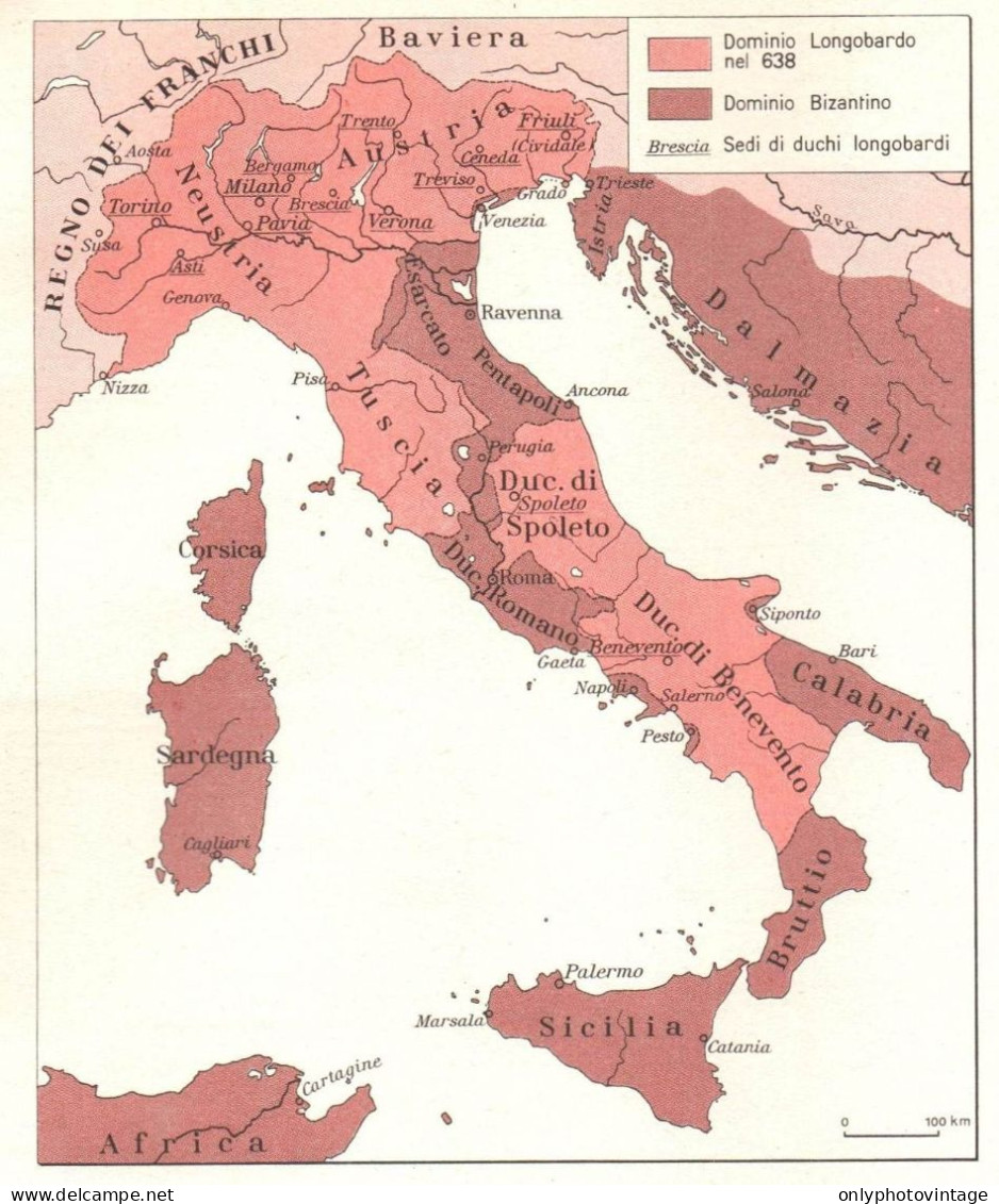 Italia, Domini Longobardi E Bizantini Nel VII Secolo, Mappa Epoca - Carte Geographique