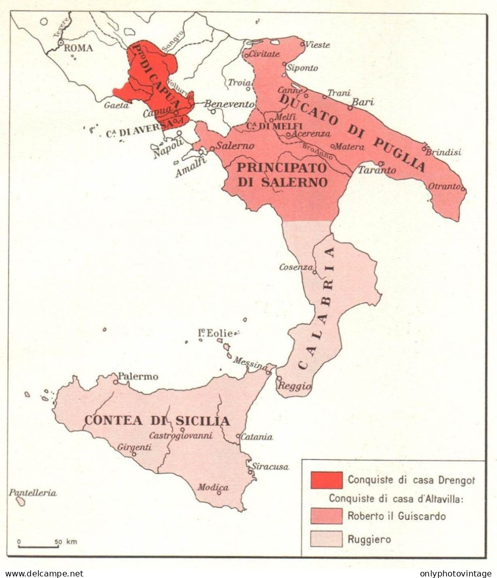 Sviluppo Potenza Normanna Nell'Italia Meridionale, Mappa Epoca Vintage Map - Carte Geographique