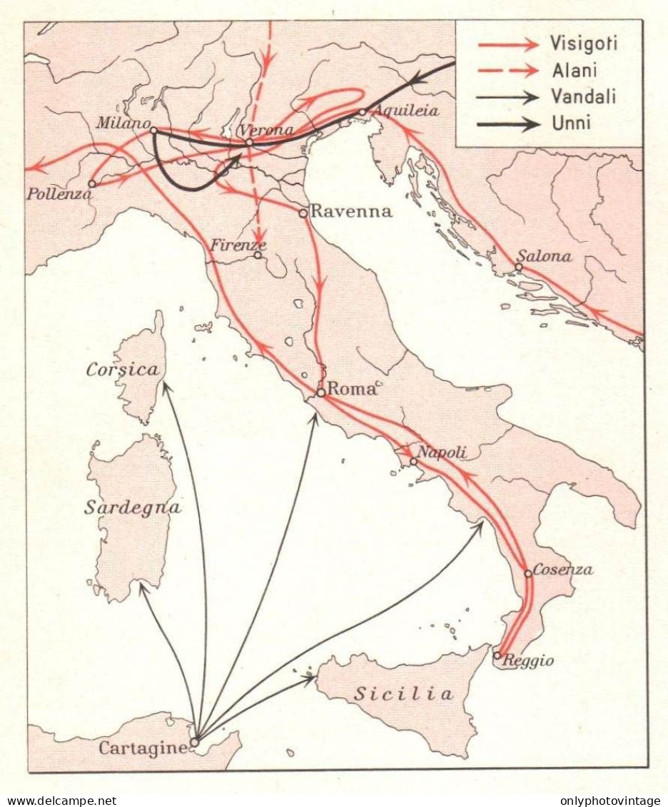 Italia, Invasioni Barbariche Nei Secoli IV E V, Mappa Epoca, Vintage Map - Carte Geographique