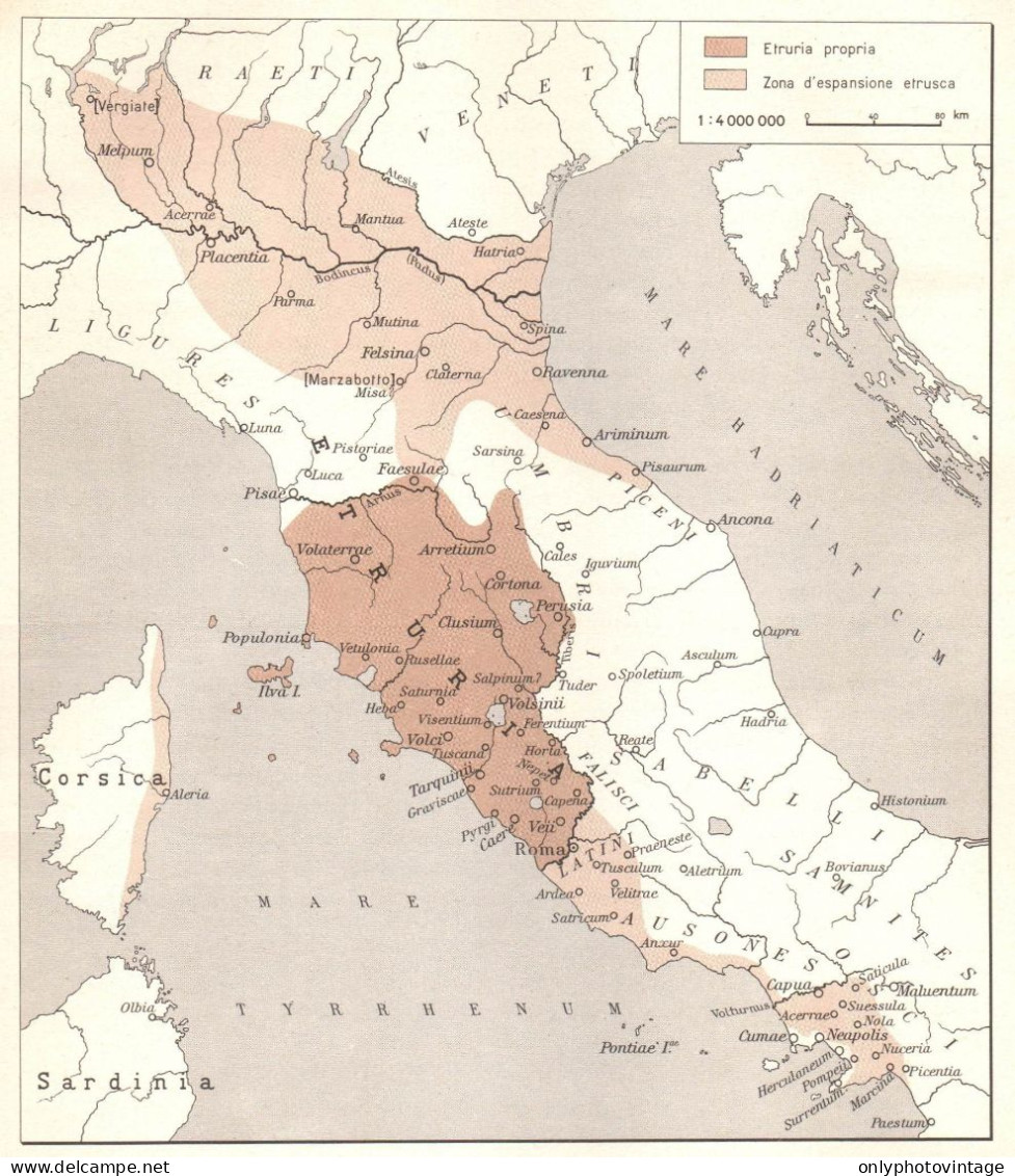 Italia, Espansione Etrusca, Mappa Epoca, Vintage Map - Carte Geographique