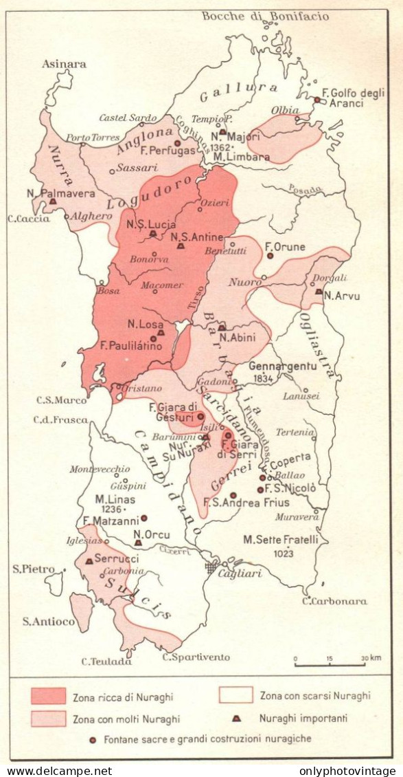 Italia, Zone Nuragiche Della Sardegna, Mappa Epoca, Vintage Map - Carte Geographique