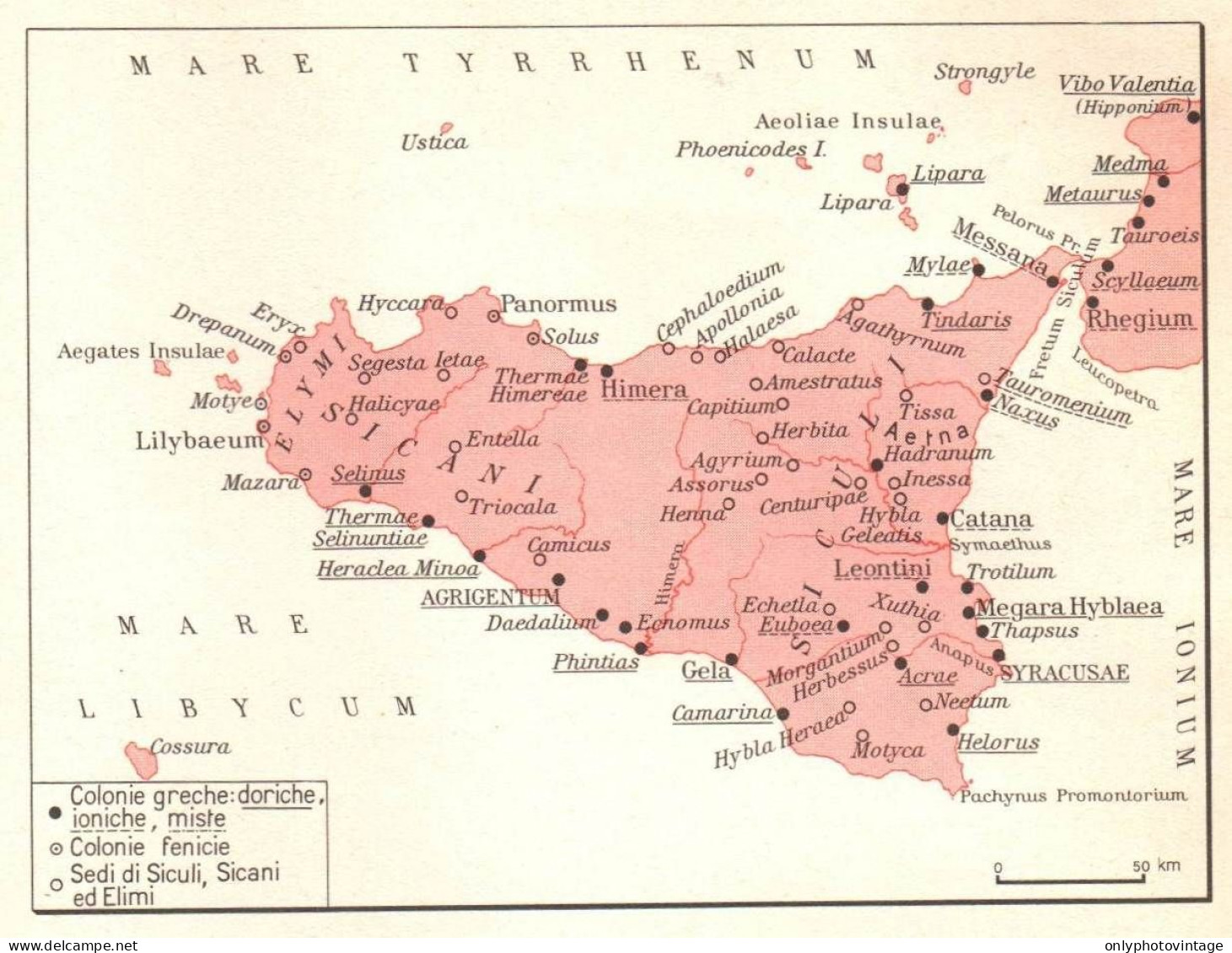 Italia, Colonie Greche E Fenicie Della Sicilia, Mappa Epoca, Vintage Map - Carte Geographique