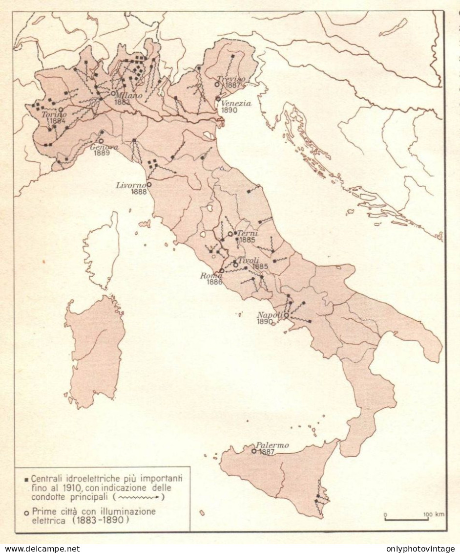 Italia, Centrali Idroelettriche Nel 1910, Mappa Epoca, Vintage Map - Carte Geographique