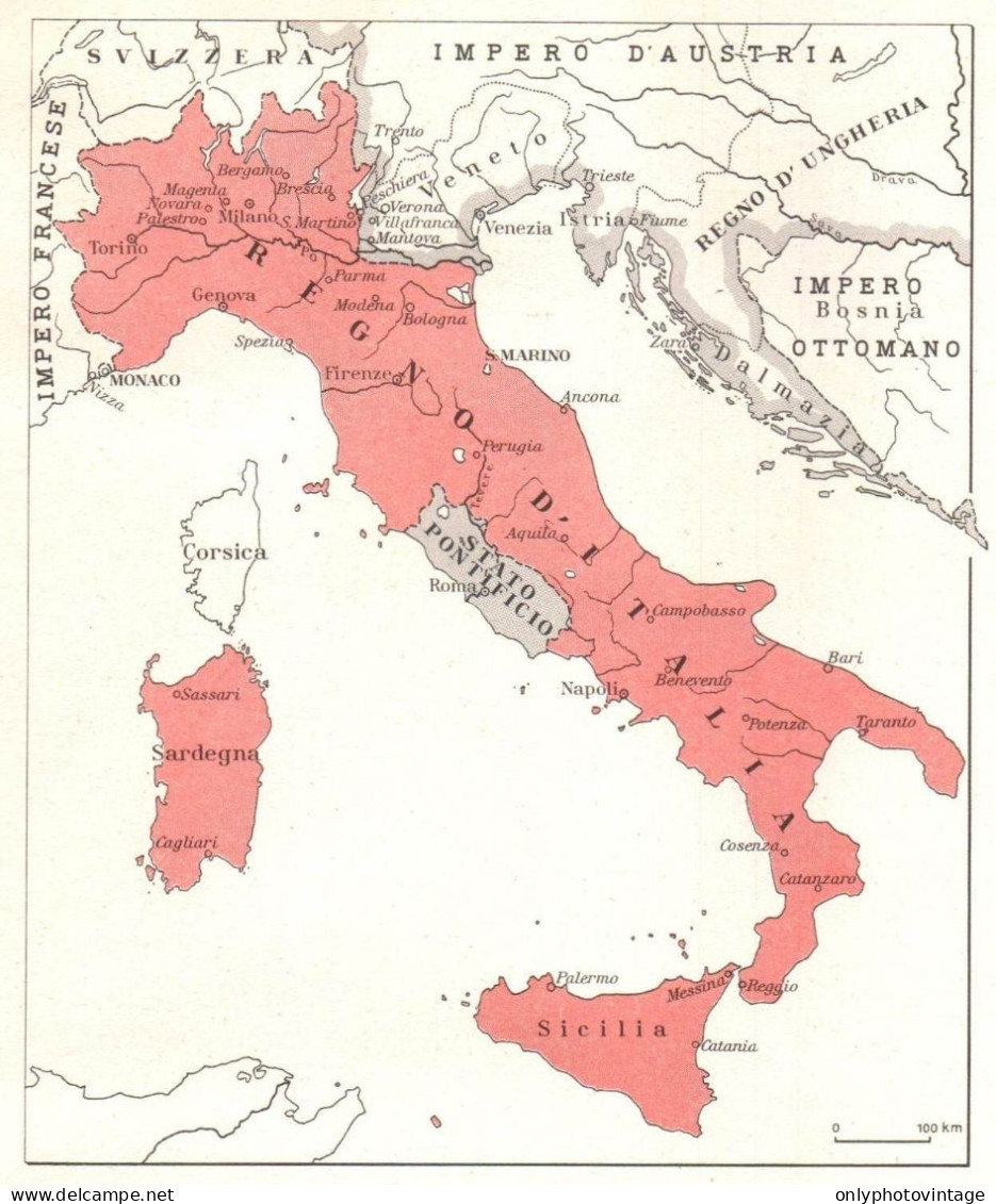 Italia Nel 1861, Mappa Geografica Epoca, Vintage Map - Carte Geographique