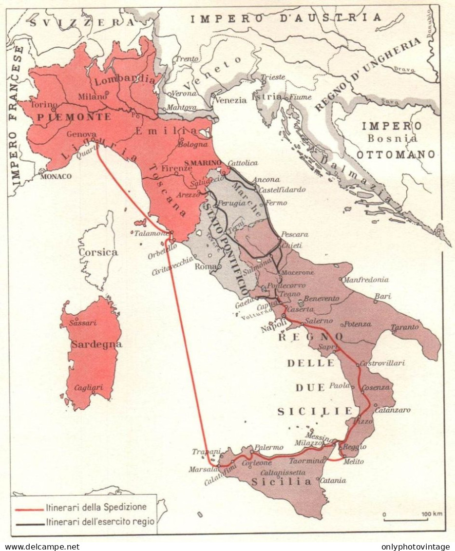 Italia, Spedizione Dei Mille E Intervento Truppe Piemontesi, Mappa Epoca - Carte Geographique