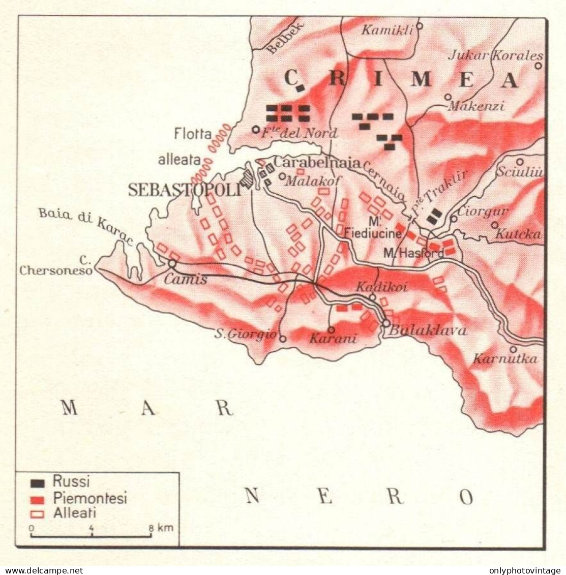 Battaglia Di Sebastopoli Durante Guerra Di Crimea, Mappa Geografica Epoca - Landkarten