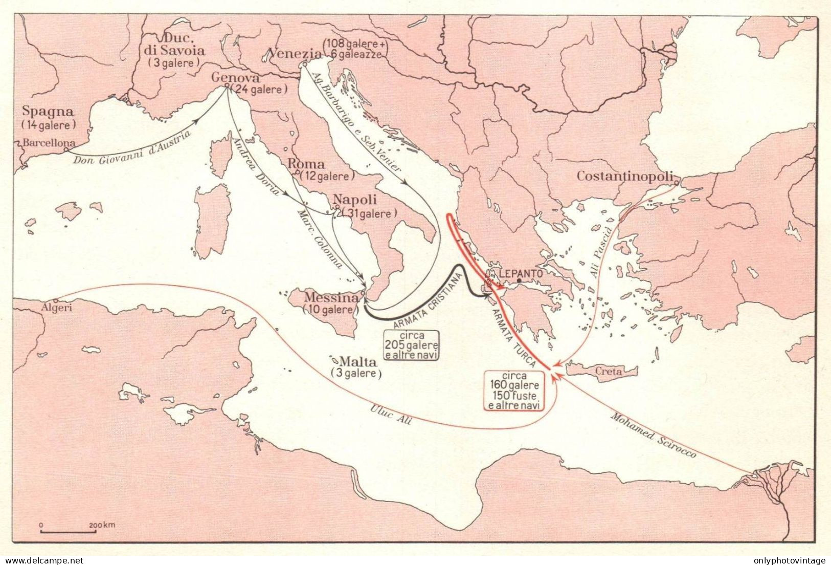 Rotte Armate Navali Per Battaglia Di Lepanto, Mappa Geografica Vintage Map - Landkarten