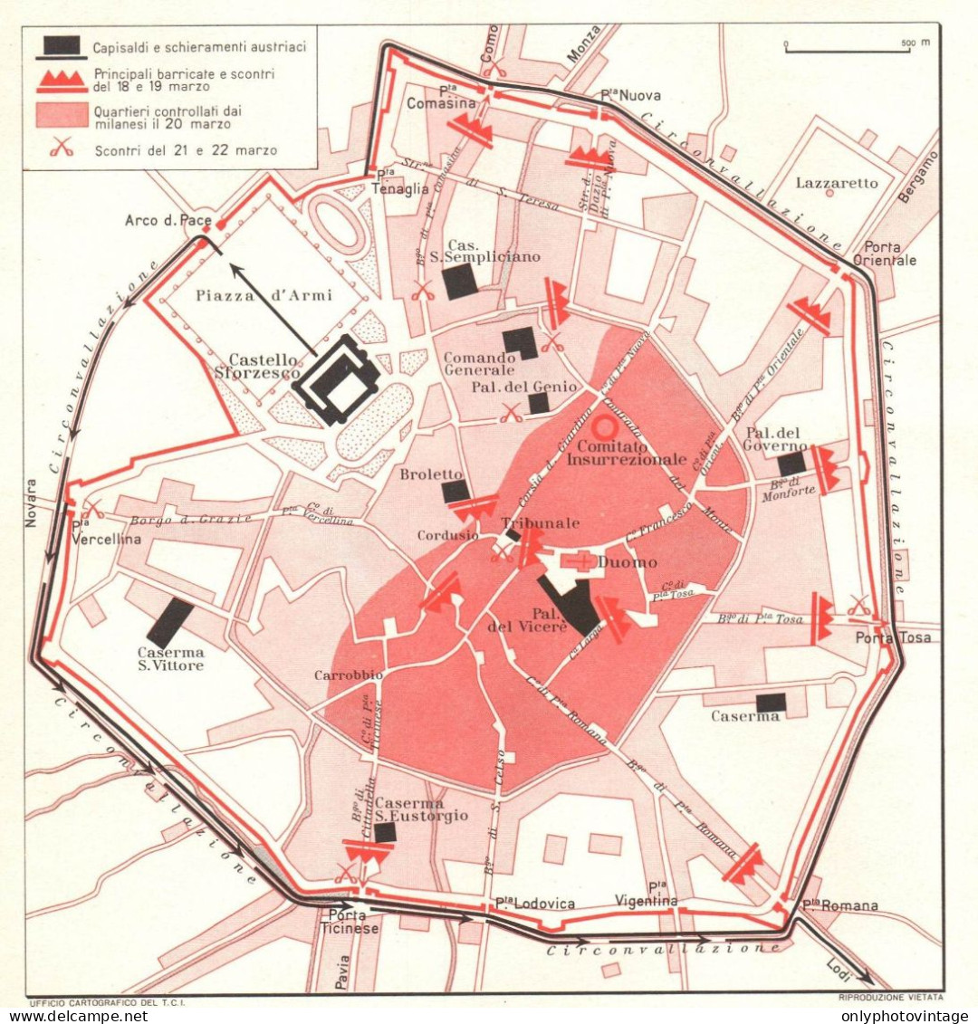 Milano Principali Centri Combattimento Cinque Giornate, Mappa Geografica - Mapas Geográficas