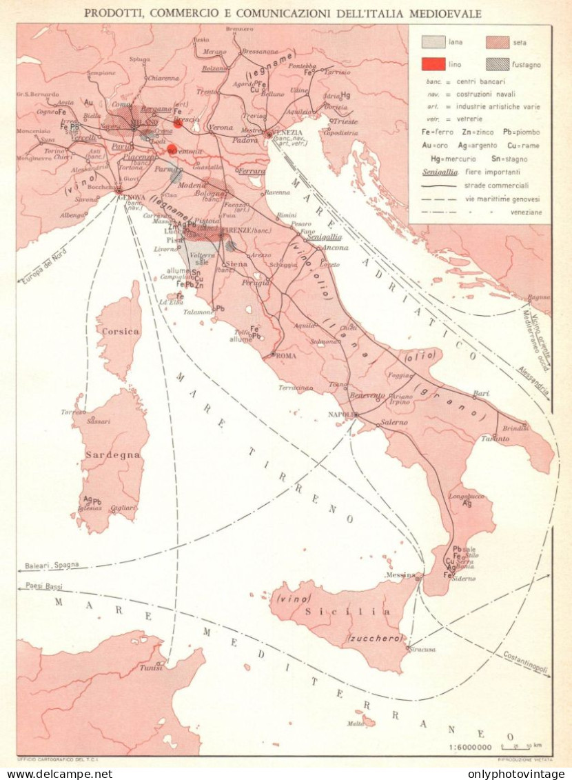 Italia, Comunicazioni E Commercio Nel Medioevo, Mappa Geografica Epoca - Mapas Geográficas