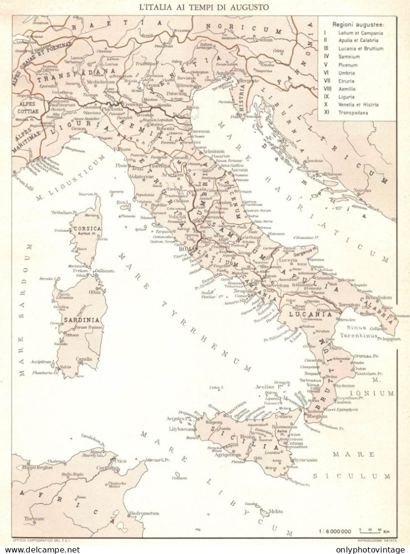 Italia Ai Tempi Di Augusto, Mappa Geografica Epoca, Vintage Map - Cartes Géographiques