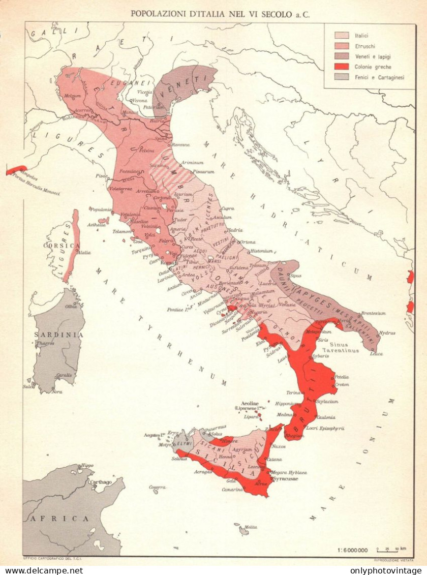 Italia, Popolazioni Nel VI Sec. A.C., Mappa Geografica Epoca, Vintage Map - Mapas Geográficas