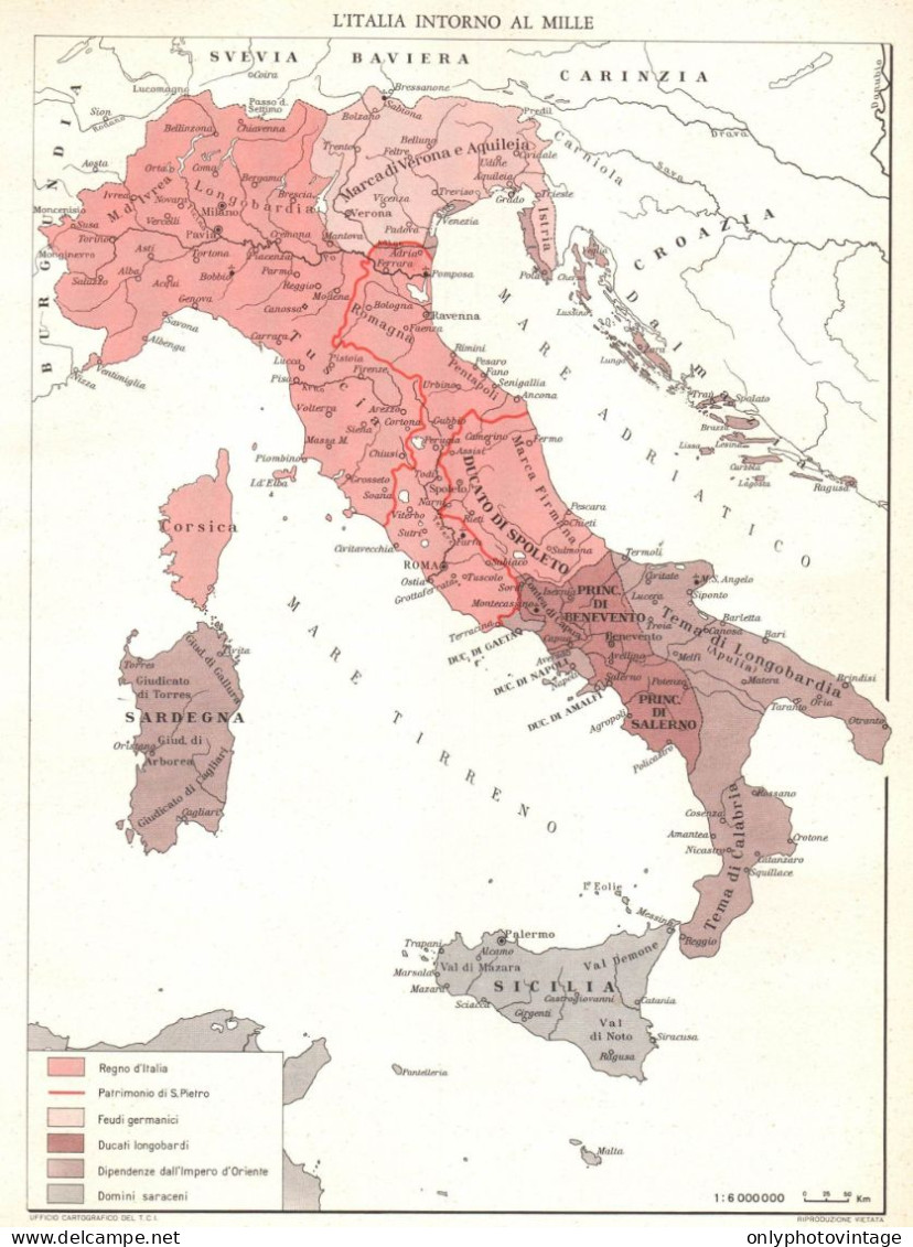 Italia Intorno All'anno Mille, Mappa Geografica Epoca, Vintage Map - Cartes Géographiques