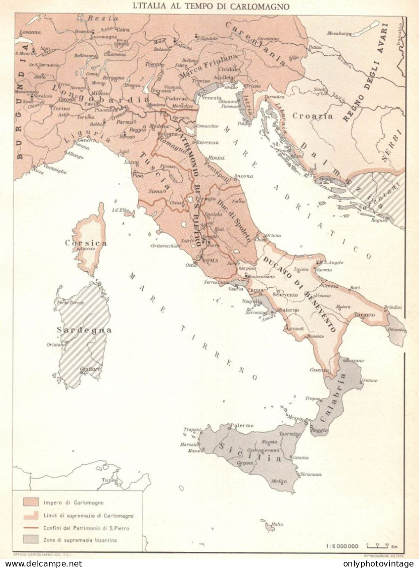 Italia Al Tempo Di Carlo Magno, Mappa Geografica Epoca, Vintage Map - Cartes Géographiques