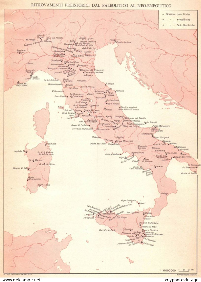 Italia, Ritrovamenti Preistorici, Mappa Geografica Epoca, Vintage Map - Carte Geographique