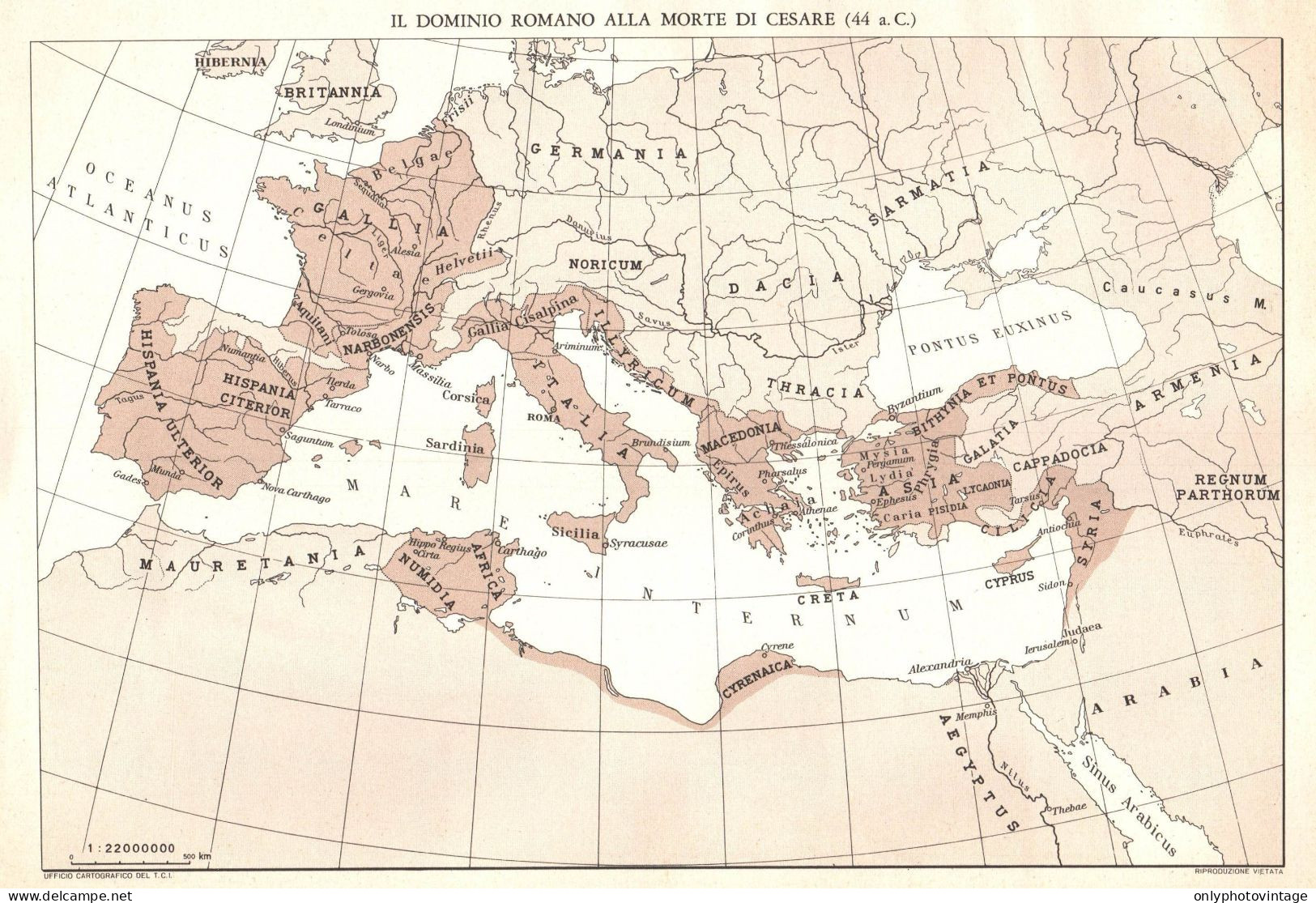 Dominio Romano Alla Morte Di Cesare, Mappa Geografica Epoca, Vintage Map - Carte Geographique