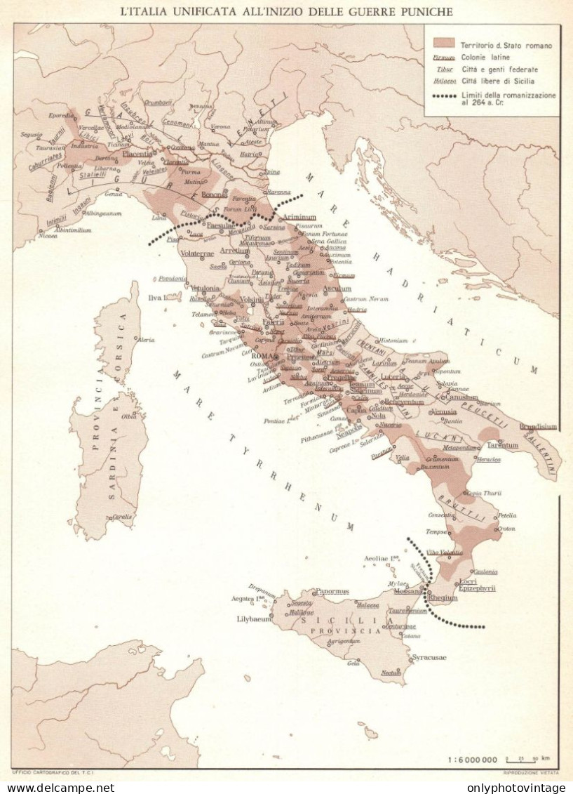 Italia Unificata Inizio Guerre Puniche, Mappa Geografica Epoca Vintage Map - Mapas Geográficas