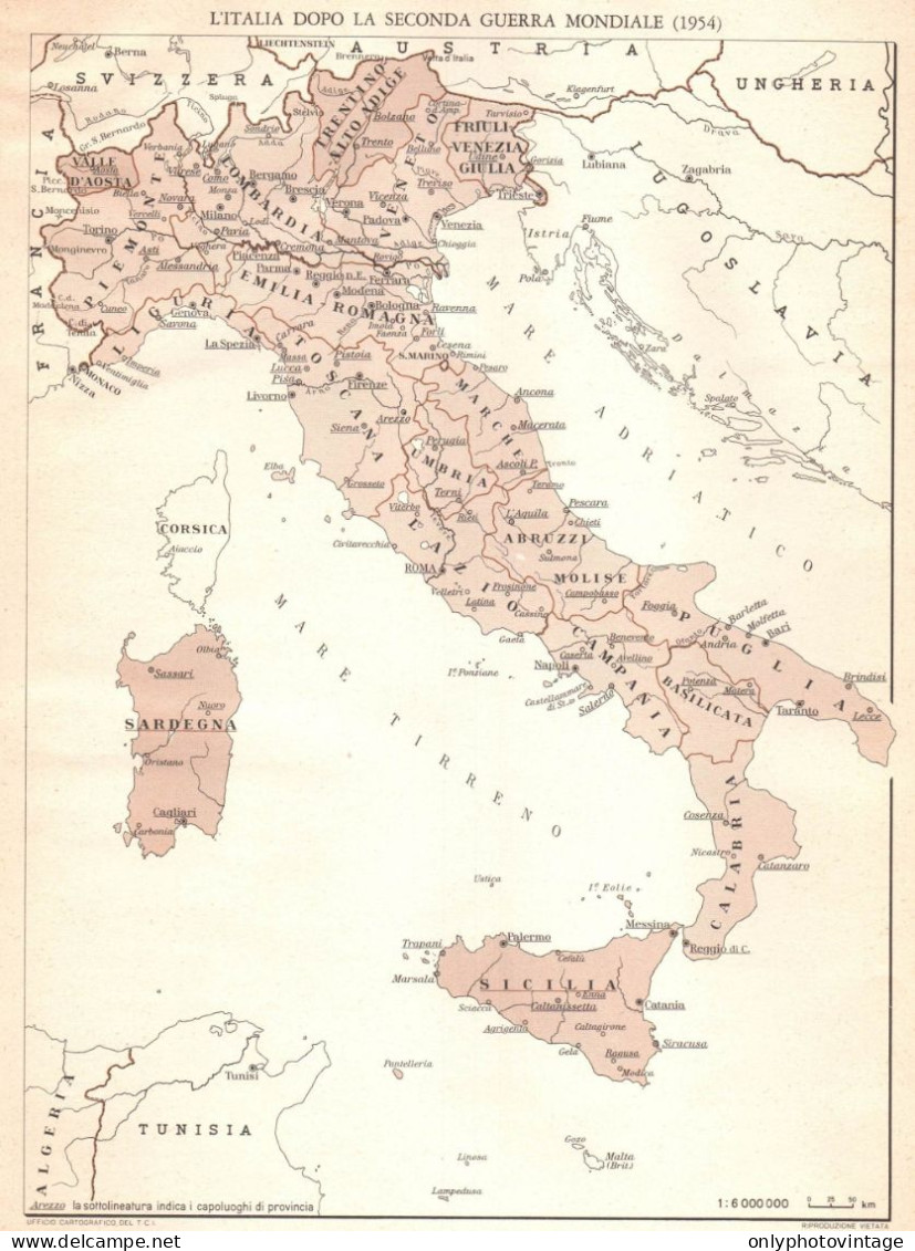 Italia Dopo La Seconda Guerra Mondiale, Mappa Geografica Epoca Vintage Map - Landkarten