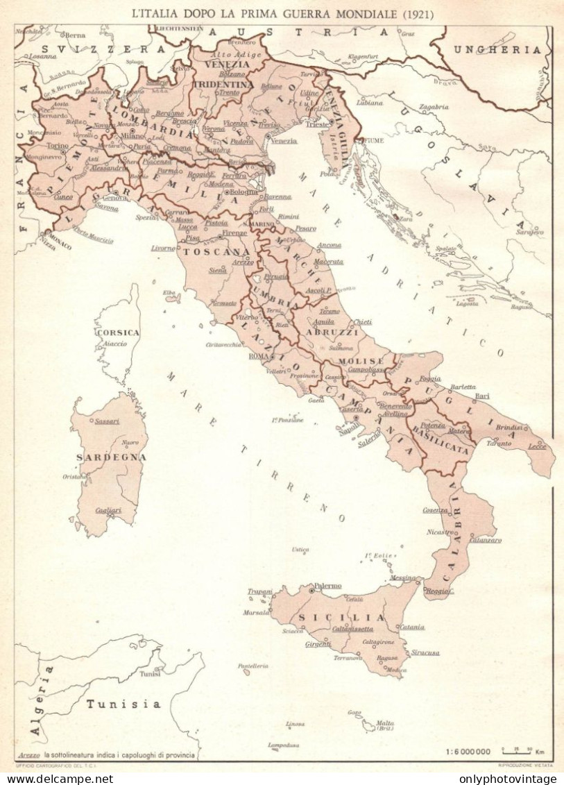 Italia Dopo La Prima Guerra Mondiale, Mappa Geografica Epoca, Vintage Map - Mapas Geográficas