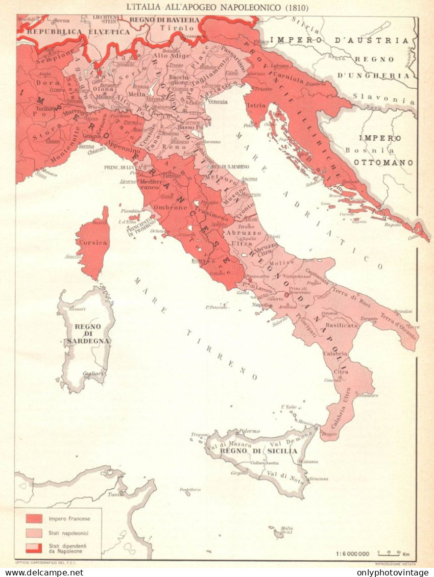 Italia All'apogeo Napoleonico, Mappa Geografica Epoca, Vintage Map - Carte Geographique