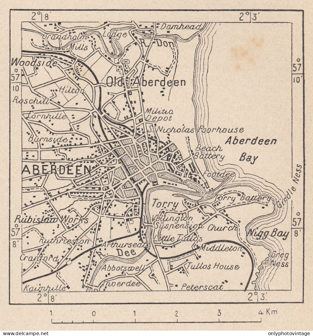 Scozia, Aberdeen E Dintorni, 1907 Carta Geografica Epoca, Vintage Map - Mapas Geográficas