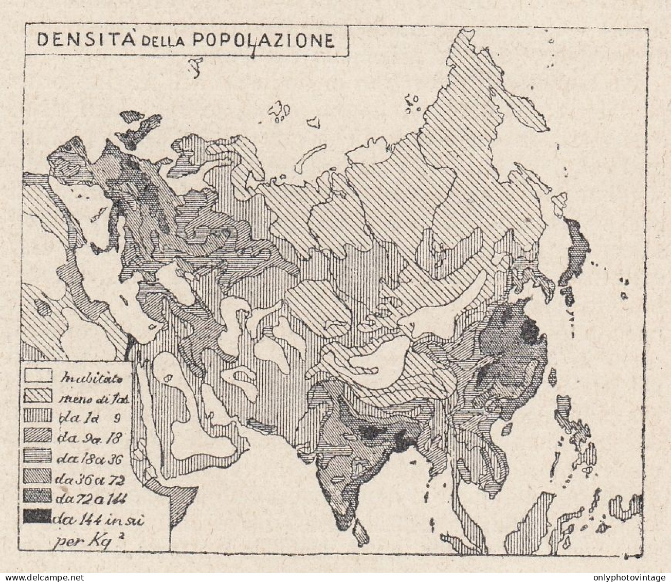 Asia, Densità Della Popolazione, 1907 Carta Geografica Epoca, Vintage Map - Cartes Géographiques