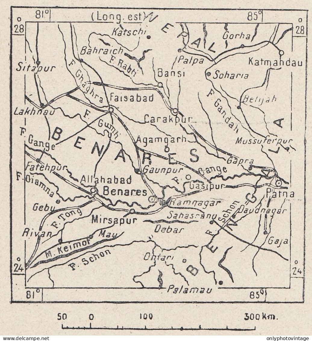 India, Benares, Varanasi, 1907 Carta Geografica Epoca, Vintage Map - Landkarten