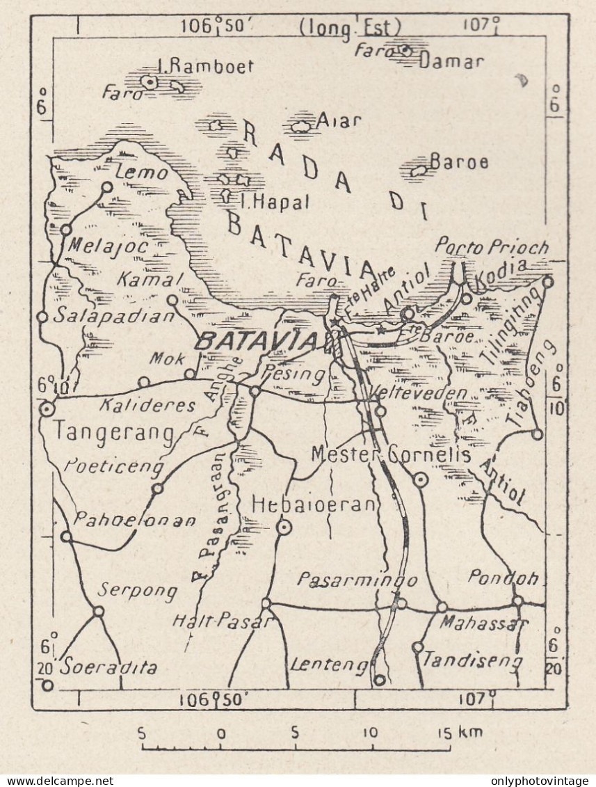 Indonesia, Batavia E Dintorni, 1907 Carta Geografica Epoca, Vintage Map - Carte Geographique