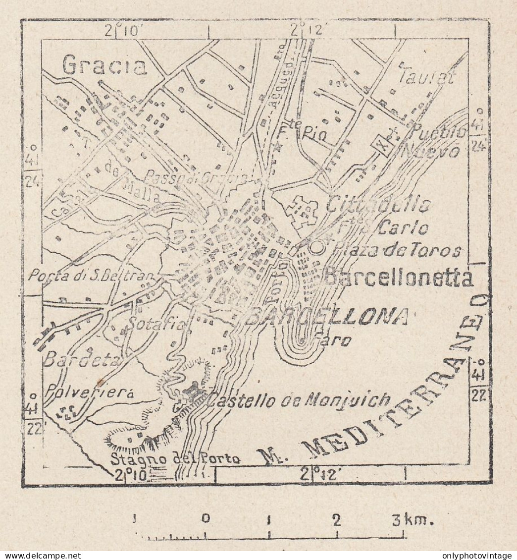 Spagna, Barcellona E Dintorni, 1907 Carta Geografica Epoca, Vintage Map - Landkarten