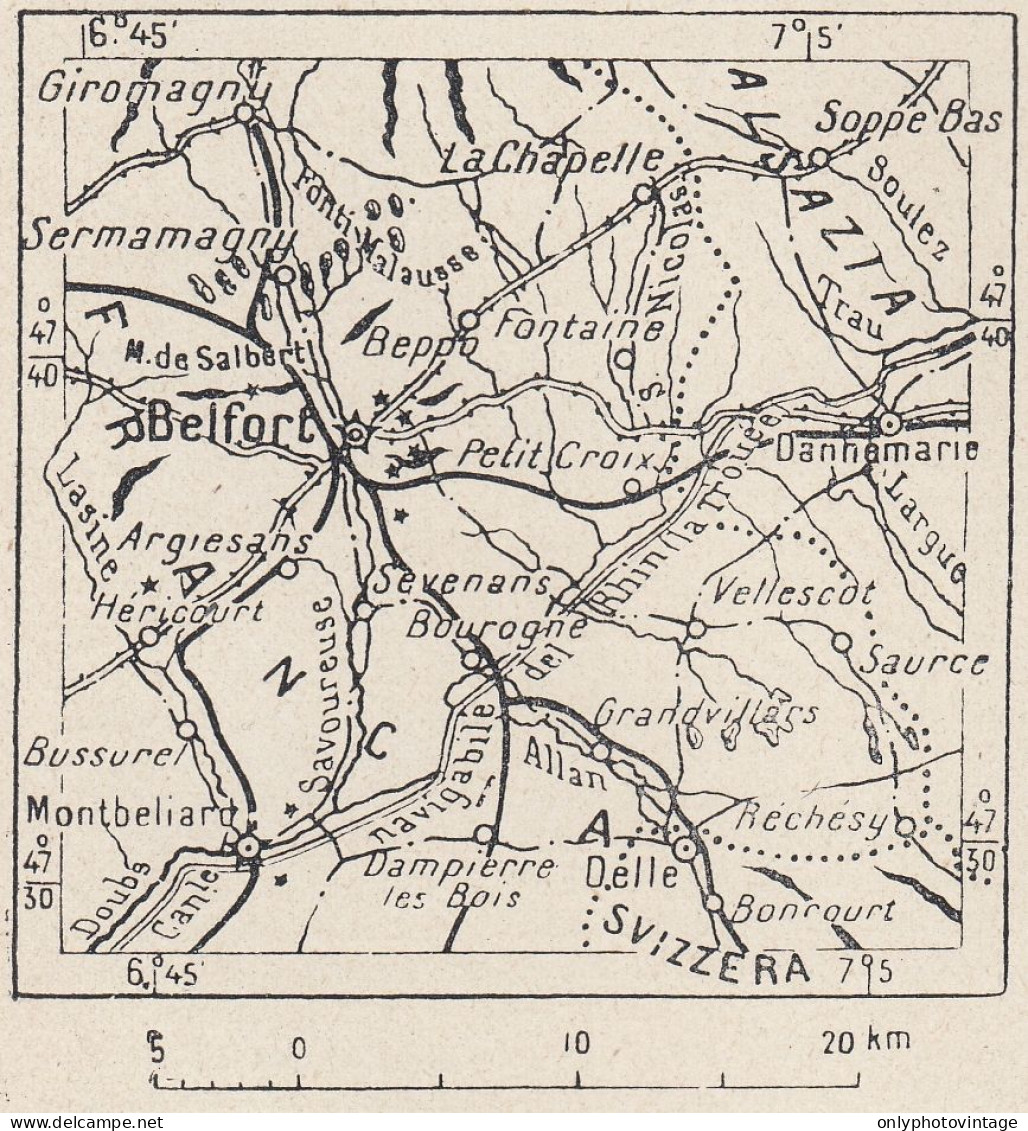Francia, Belfort E Dintorni, 1907 Carta Geografica, Vintage Map - Cartes Géographiques