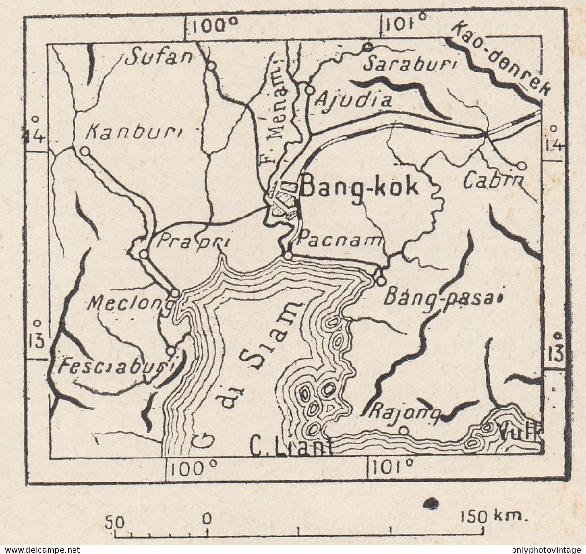 Thailandia, Bangkok E Dintorni, 1907 Carta Geografica Epoca, Vintage Map - Landkarten