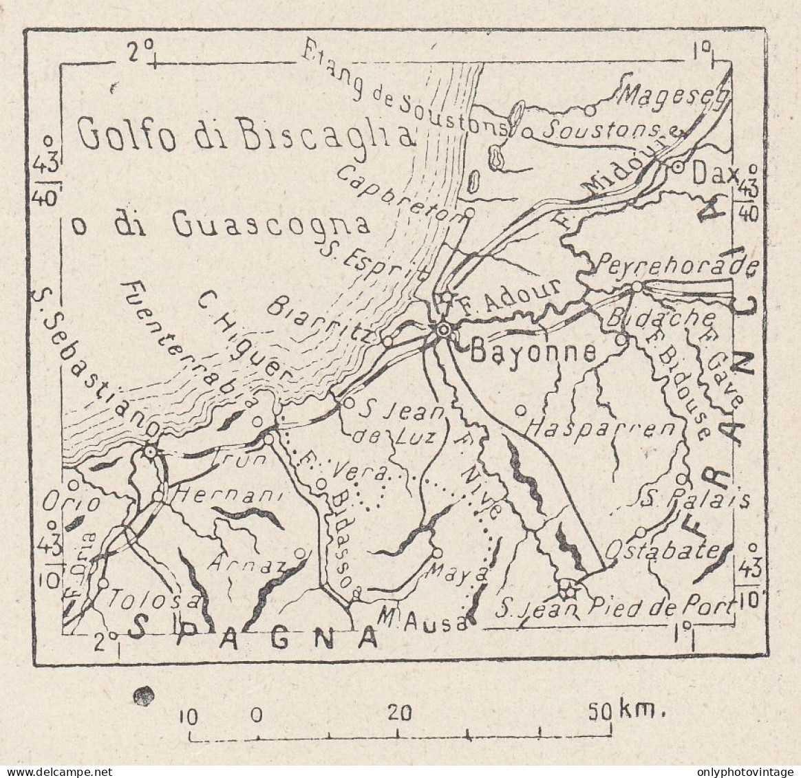 Francia, Bayonne E Dintorni, 1907 Carta Geografica Epoca, Vintage Map - Landkarten