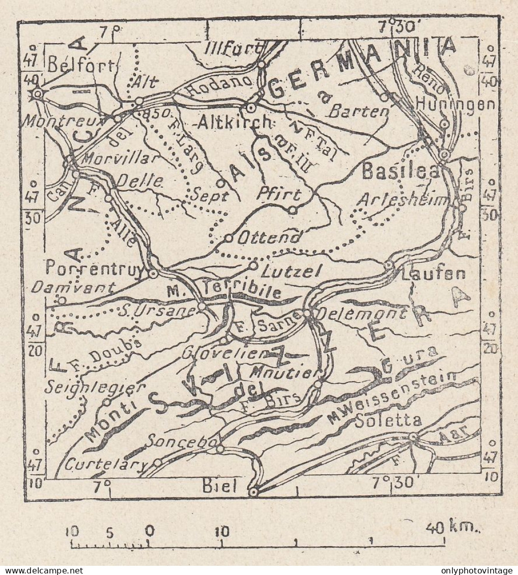 Svizzera, Basilea E Dintorni, 1907 Carta Geografica Epoca, Vintage Map - Landkarten