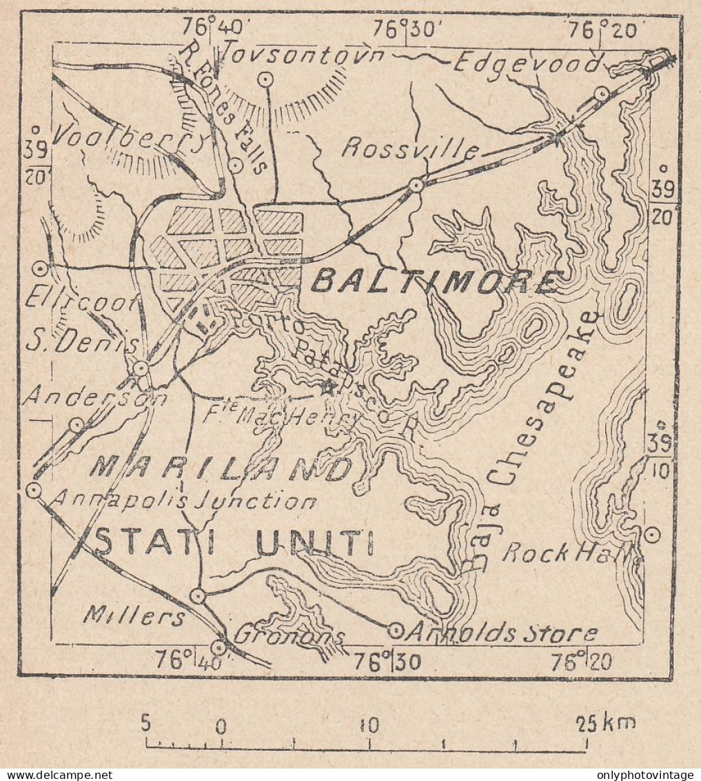 Maryland, Baltimore E Dintorni, 1907 Carta Geografica Epoca, Vintage Map - Cartes Géographiques