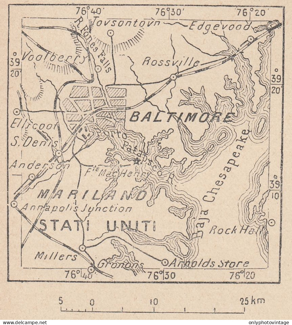 Maryland, Baltimore E Dintorni, 1907 Carta Geografica Epoca, Vintage Map - Mapas Geográficas