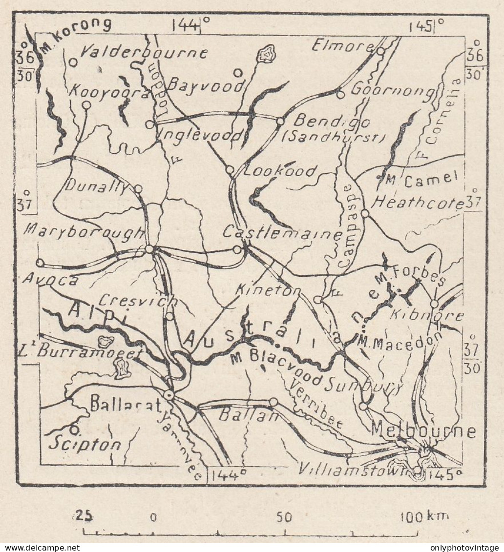 Australia, Ballarat E Dintorni, 1907 Carta Geografica Epoca, Vintage Map - Landkarten