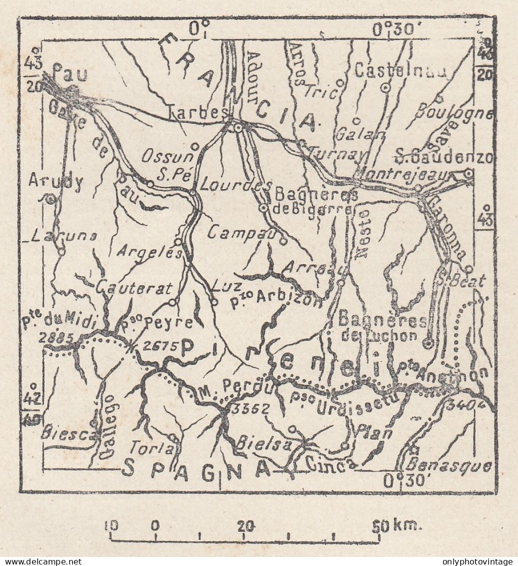 Francia, Bagnères-de-Bigorre, 1907 Carta Geografica Epoca, Vintage Map - Cartes Géographiques