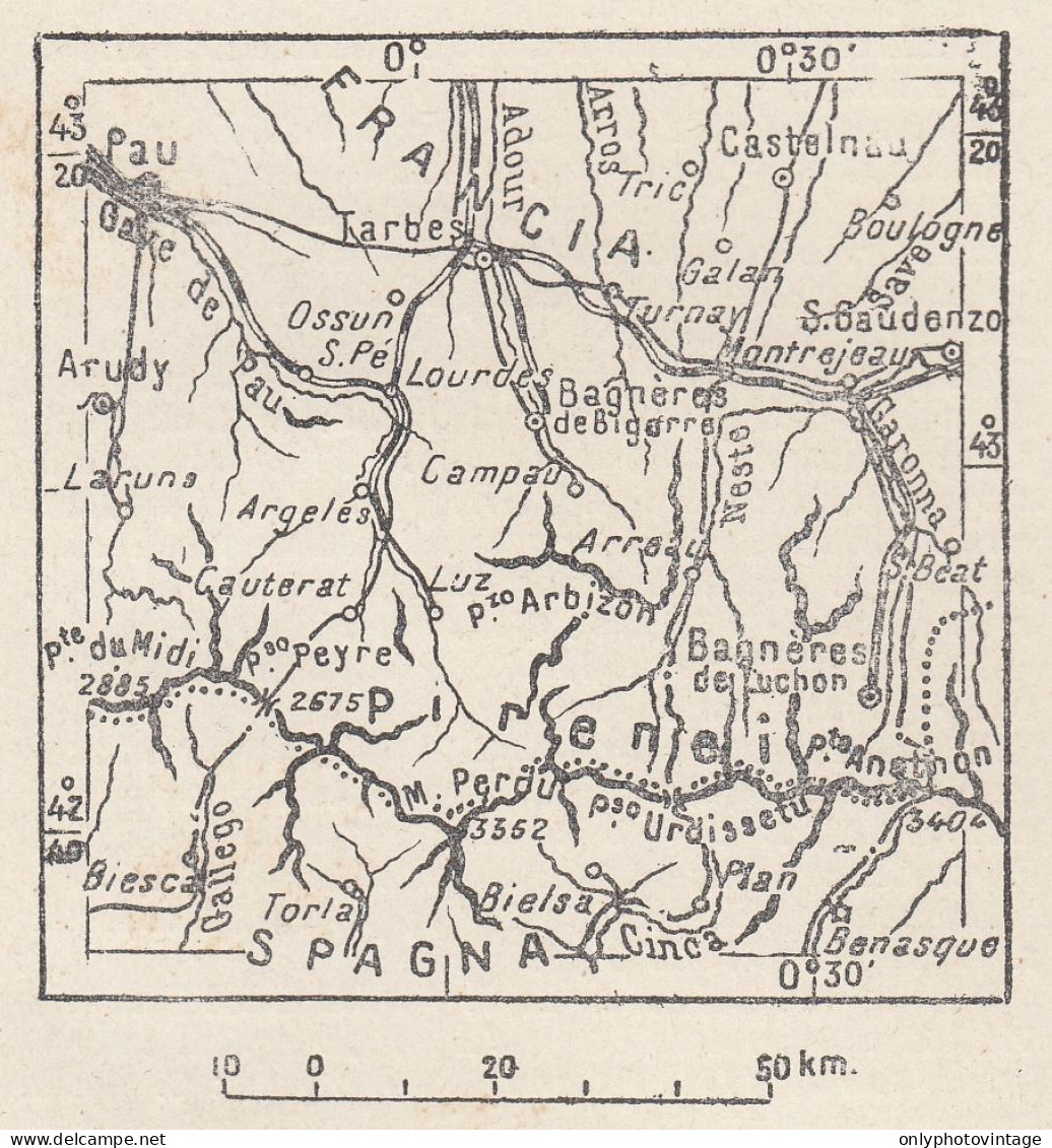Francia, Bagnères-de-Bigorre, 1907 Carta Geografica Epoca, Vintage Map - Landkarten