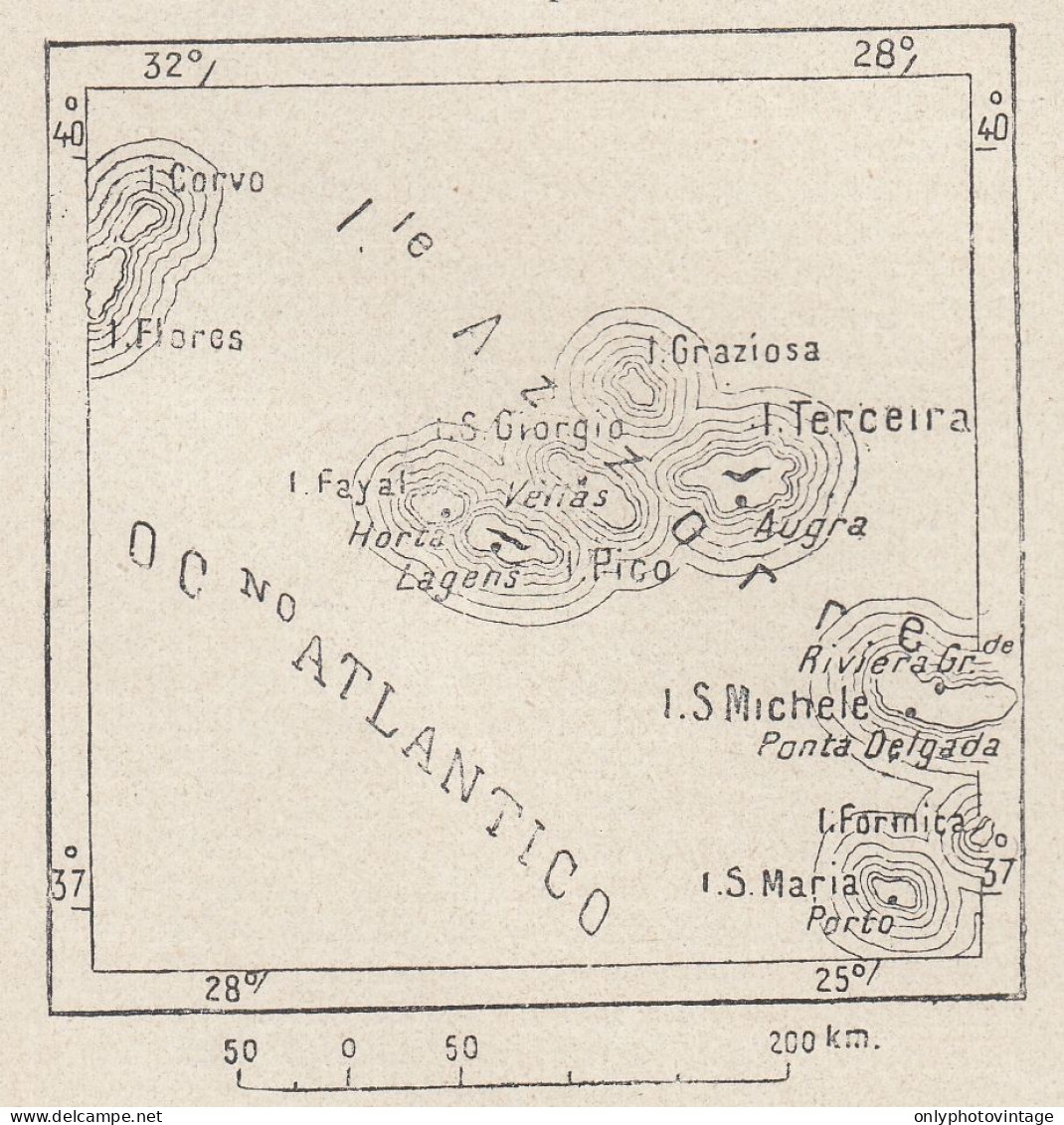 Portogallo, Azzorre, 1907 Carta Geografica Epoca, Vintage Map - Landkarten