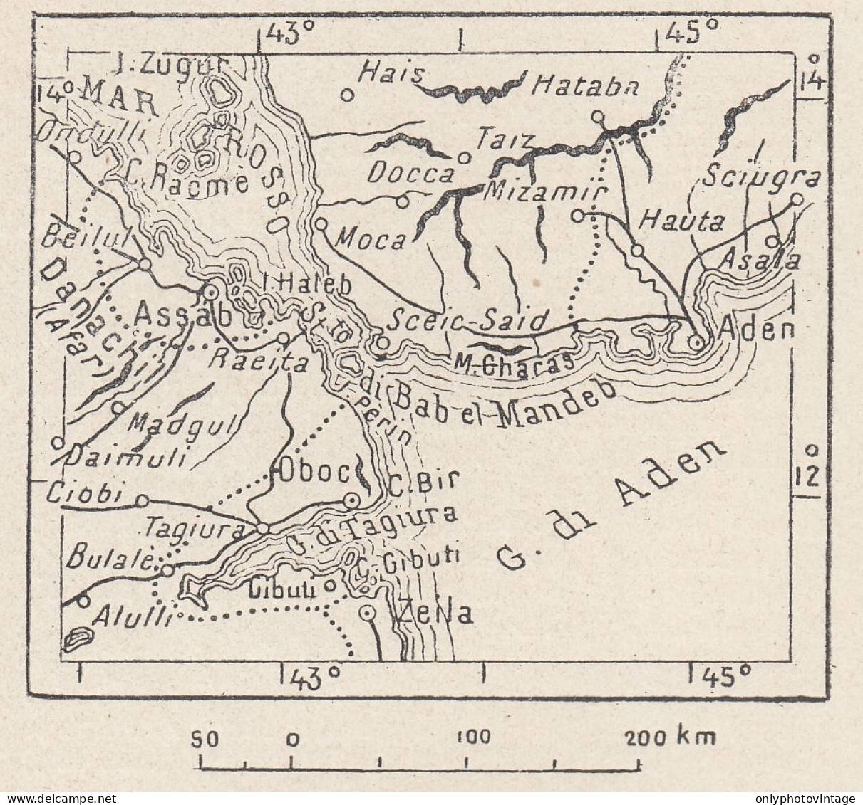 Africa, Bab El-Mandeb, 1907 Carta Geografica Epoca, Vintage Map - Landkarten
