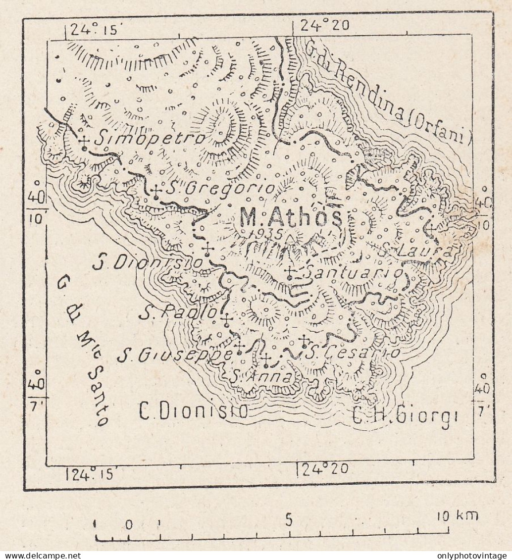 Grecia, Monte Athos E Dintorni, 1907 Carta Geografica Epoca, Vintage Map - Geographical Maps