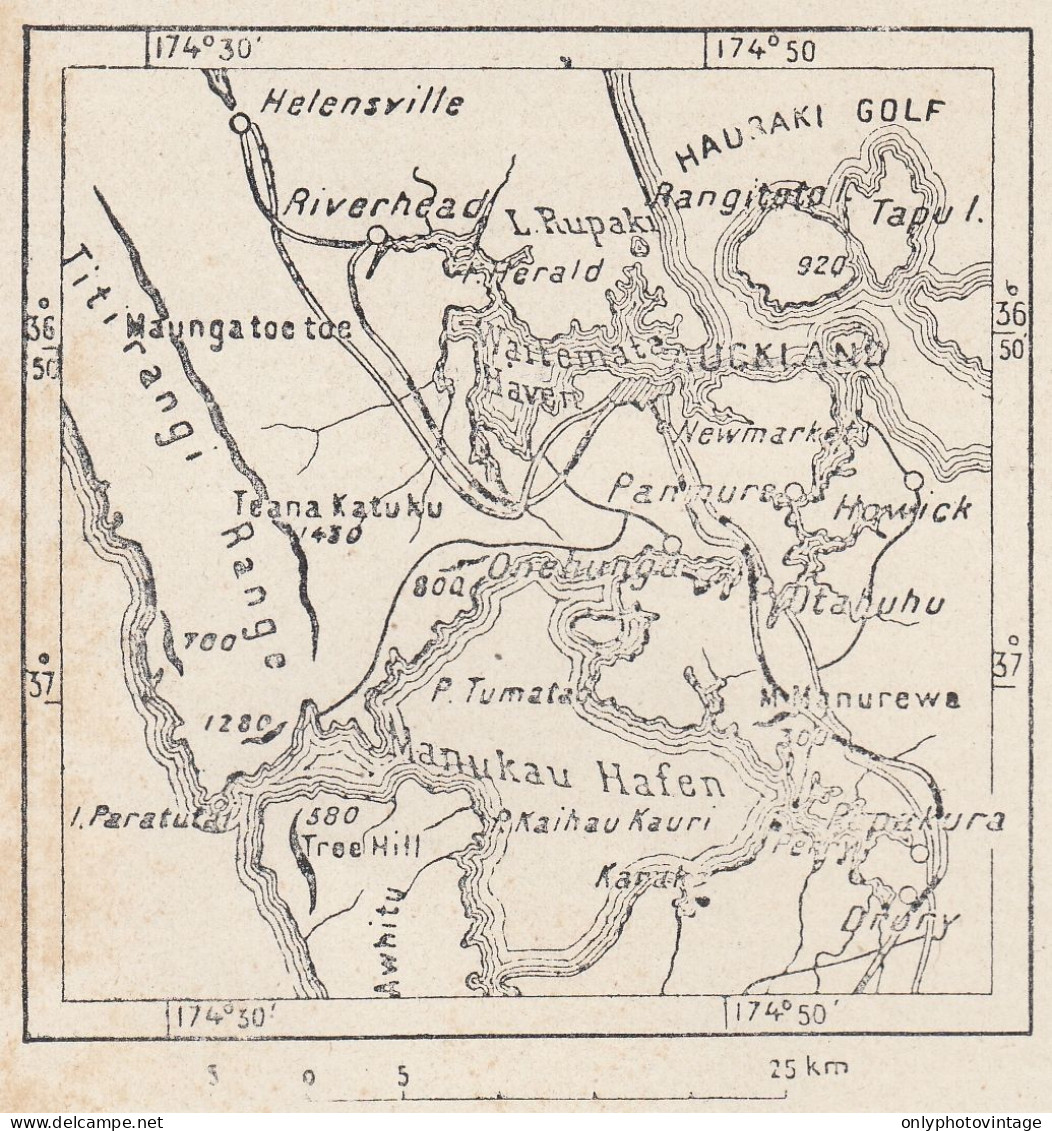 Nuova Zelanda, Auckland, 1907 Carta Geografica Epoca, Vintage Map - Cartes Géographiques