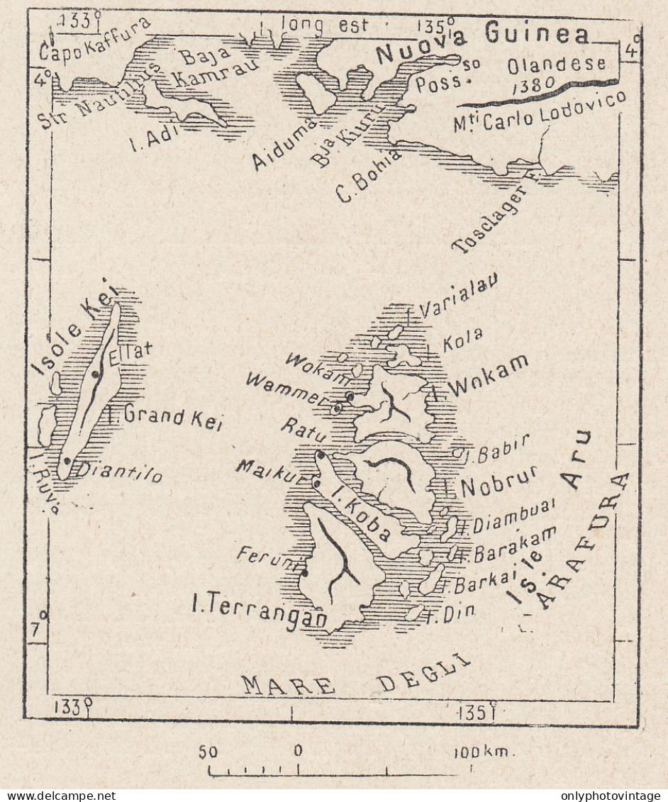 Indonesia, Isole Aru, 1907 Carta Geografica Epoca, Vintage Map - Landkarten